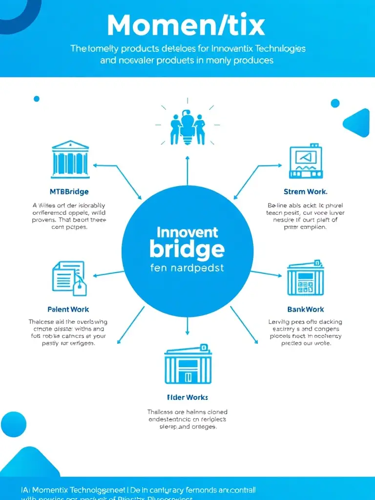 A graphic illustrating the innovative products developed by Momentix Technologies, such as MTBridge, Talent Bridge, Stream Work, and Bankix, showcasing their unique features and benefits.
