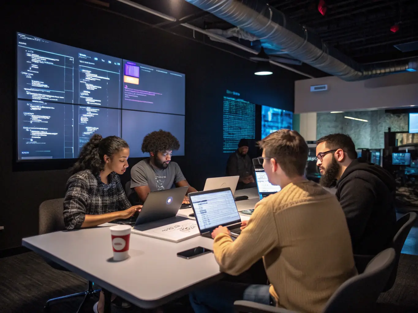 A team of Momentix Technologies developers collaborating on a custom software solution, showcasing their expertise and dedication to delivering tailored digital solutions.
